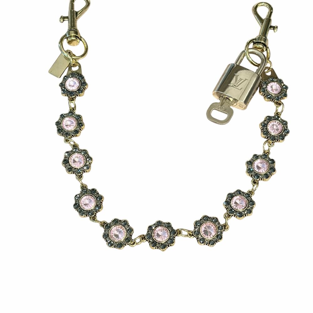 Louis Vuitton Lock & Key #319 w/a Pink Rhinestone Flower Bag Charm Chain